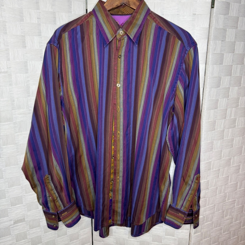 Robert Graham Mens XL Purple Striped Button Down Shirt Flip Cuffs